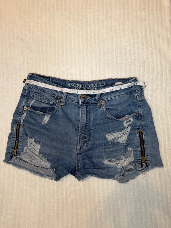 American Eagle Super Hi-Rise Shortie Denim Shorts Distressed High Waisted Size 6 - Image 9