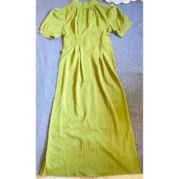 Mock Neck Midi Dress Womens Olive Green New Pleated Puff‎ Sleeve Slit - Image 3