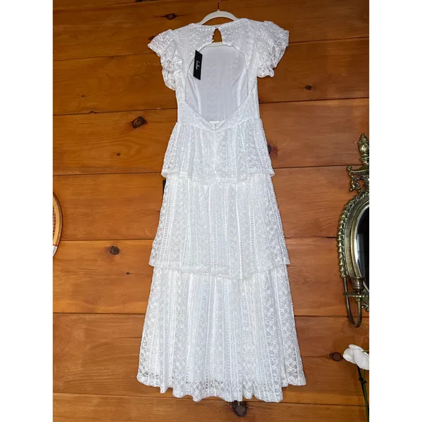 NWT Lulus Whimsical Spirit Ivory Lace Tiered Backless Midi Dress Engagement XS - Image 5