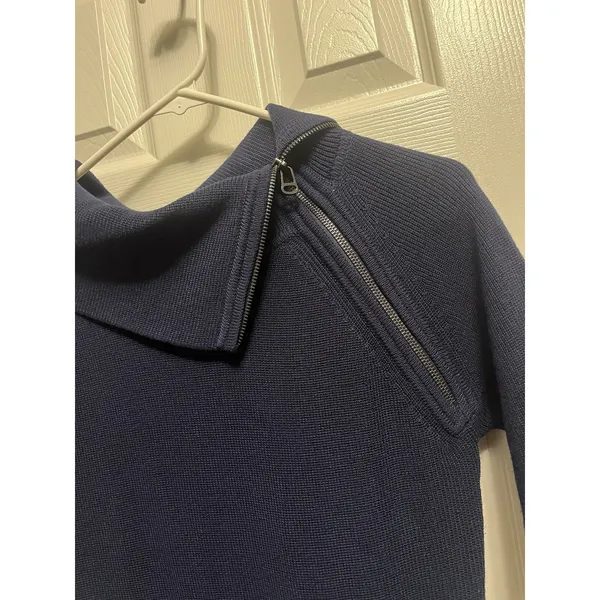 Calvin Klein Size Small‎ Blue Knit Sweater Dress Asymmetric Neck Zip Collar - Image 2