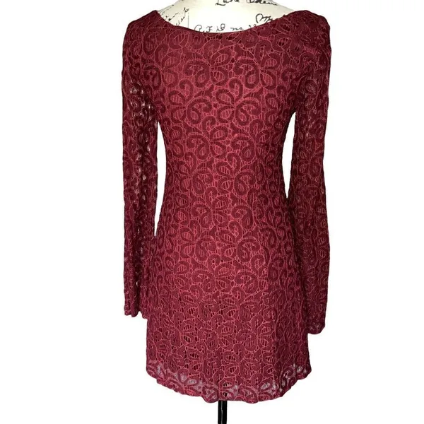 Altar'd State Burgundy Floral‎ Lace Long Sleeve Mini Dress Scoop Neck Wine XS - Image 3
