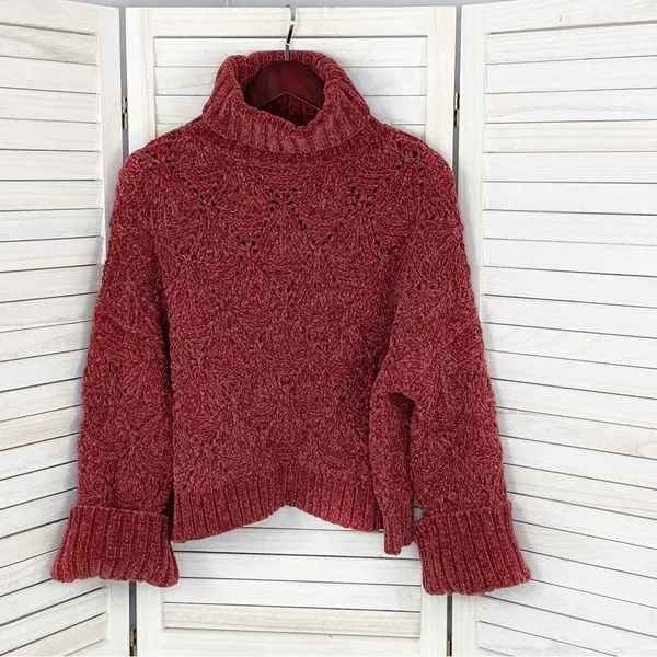 POL Chenille‎ Chunky Knit Turtleneck Crop Pullover Maroon Red Medium - Image 8