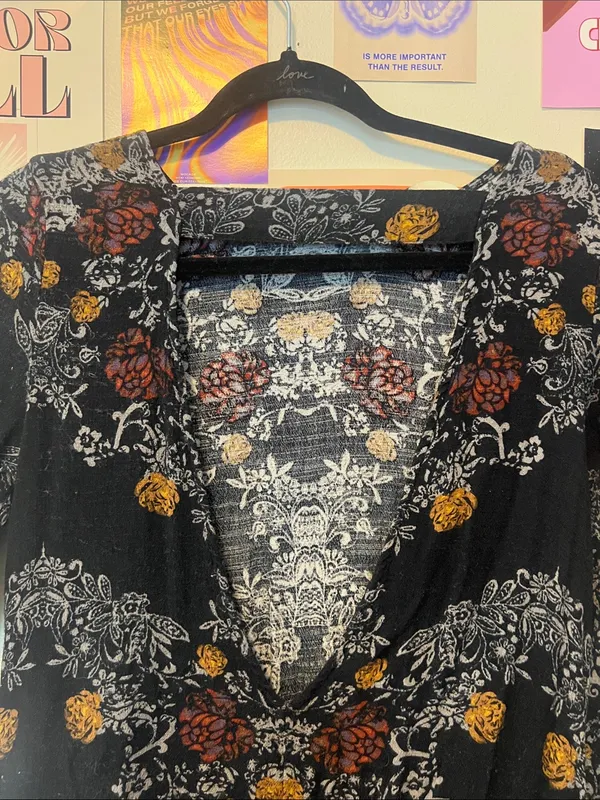 Free People Black Floral Long Sleeve Peasant Top with Rust & Mustard Accents - Image 6