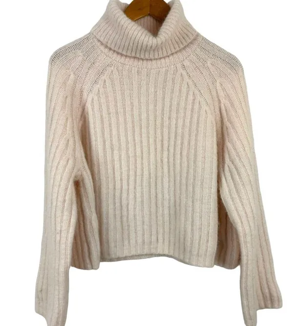 Zara Cream Light Pink Wool Alpaca Blend Ribbed Knit Turtleneck Sweater Medium - Image 2