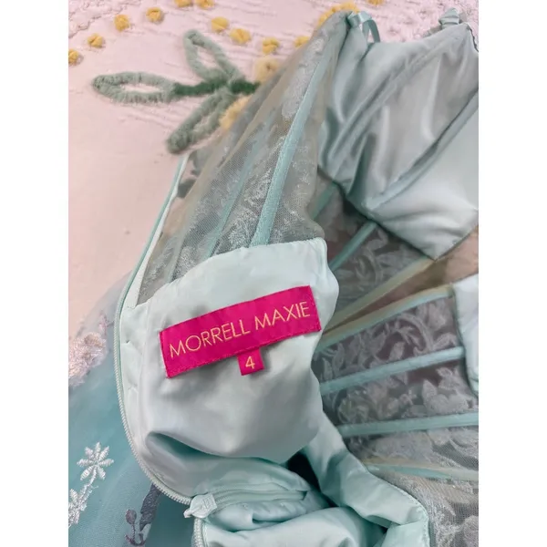 Morrell Maxie Size 4 Aqua White Floral Lace Off‎ Shoulder Formal Gown - Image 4