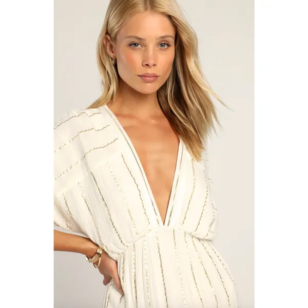 Lulus Goddess Vibes Ivory Gold Striped Dolman Sleeve Maxi Dress Resort XS NWT - Image 2