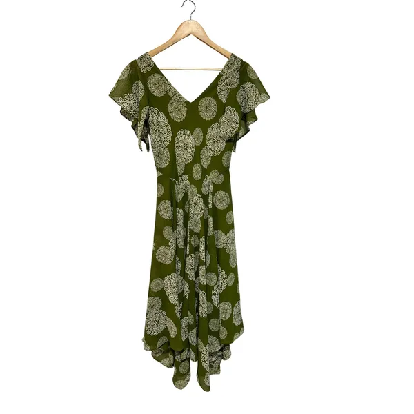 Robbie Bee Vintage Green Medallion Cowl Neck Handkerchief Dress Size 6 Fairycore - Image 3
