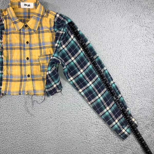 Patchwork Flannel Shirt Women L Cropped Colorblock Plaid‎ Grunge Punk Raw Hem - Image 8