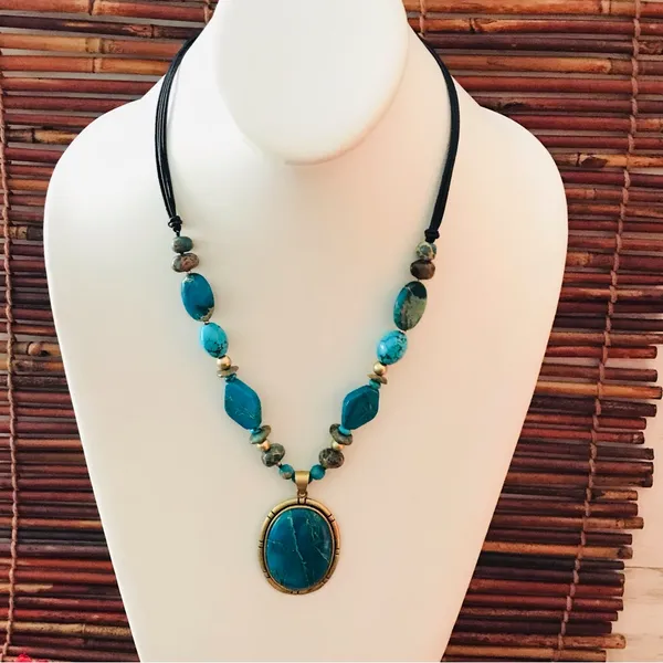 Coldwater Creek Faux Turquoise & Glass Bead Corded Necklace - Image 2