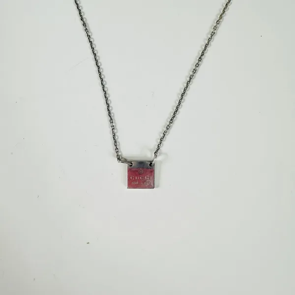 Gucci 925 Sterling Silver Square Logo Pendant Chain Necklace Made In Italy - Image 5