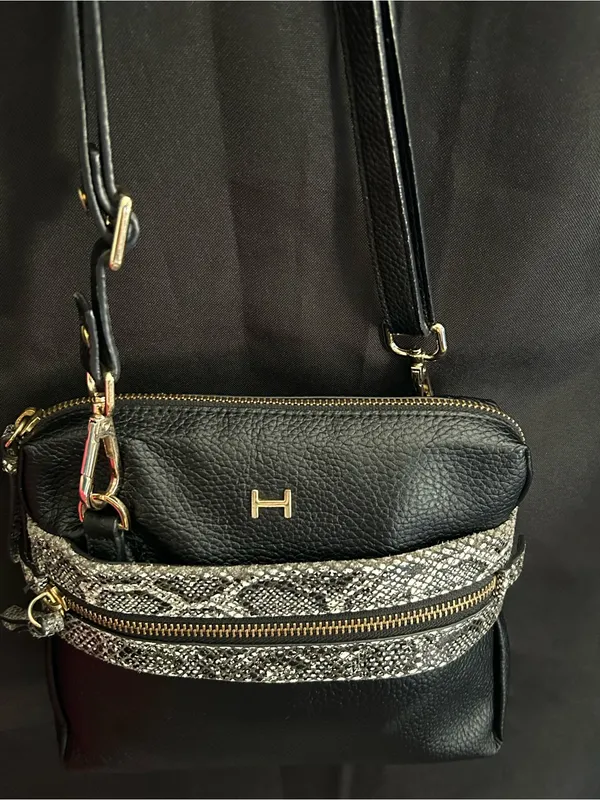 Halston Leather Black Crossbody Bag with Snake-Print Trim - Image 7