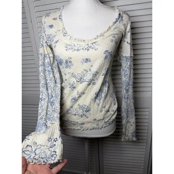 Free People We The Free Clover Thermal Size Small Ivory Blue NWT 100% Cotton - Image 6