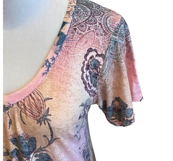 Y2K Multicolor Boho Floral Vneck TShirt Blouse L Pink Green Yellow Muted - Image 3