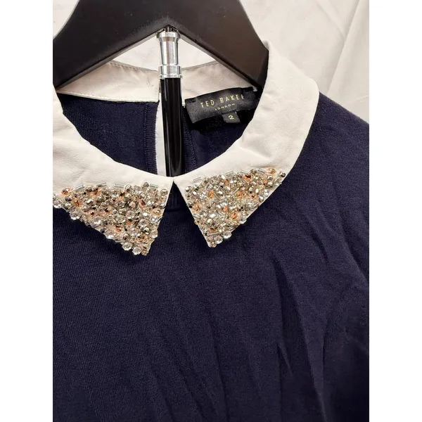 Ted Baker Liaylo Sparkle Rhinestone Collar Layered Sweater in Dark Navy Sz 2 - Image 5
