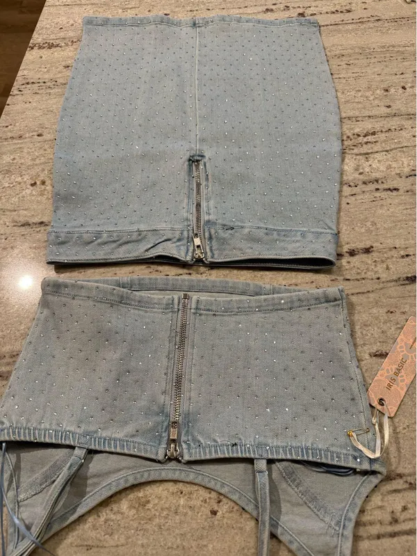 NanaMacs Denim Rhinestone Skirt Set - Image 4