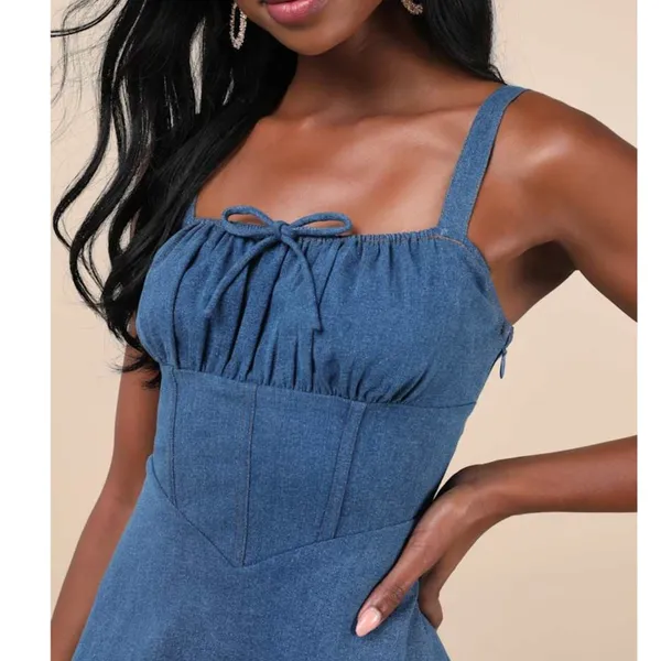 NEW Lulus Considered Charisma Blue Chambray Bustier Corset Style Mini Dress - Image 2