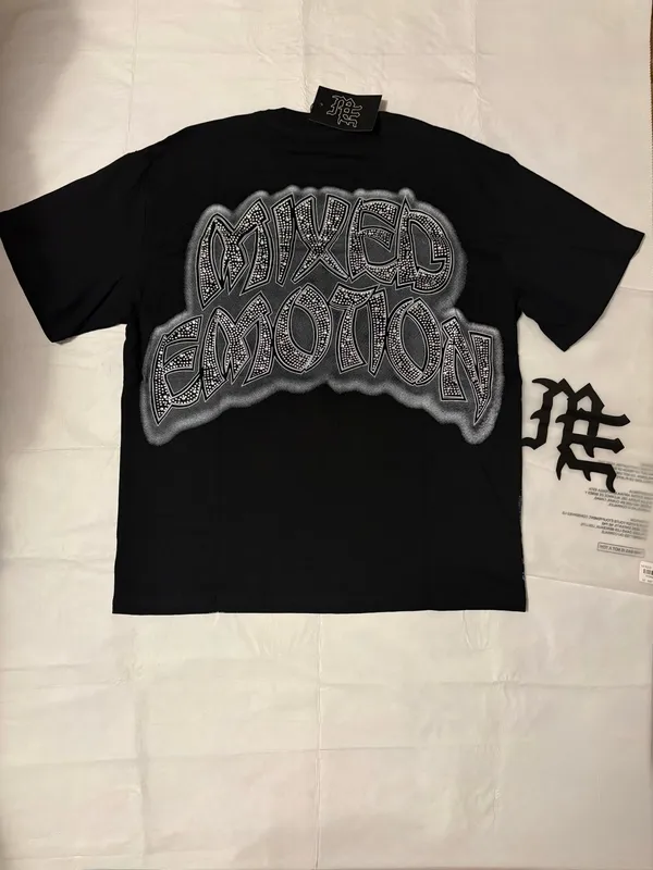 Mixed Emotion black graphic tee with rhinestones featuring three children with wings and guitars, size L - Image 3