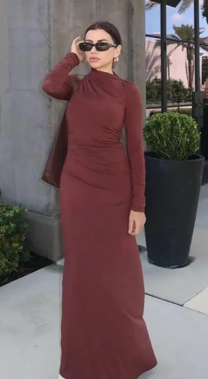 Zara Elegant Burgundy brown wine Maxi Dress stretchy long Sleeve Casual bodycon - Image 4