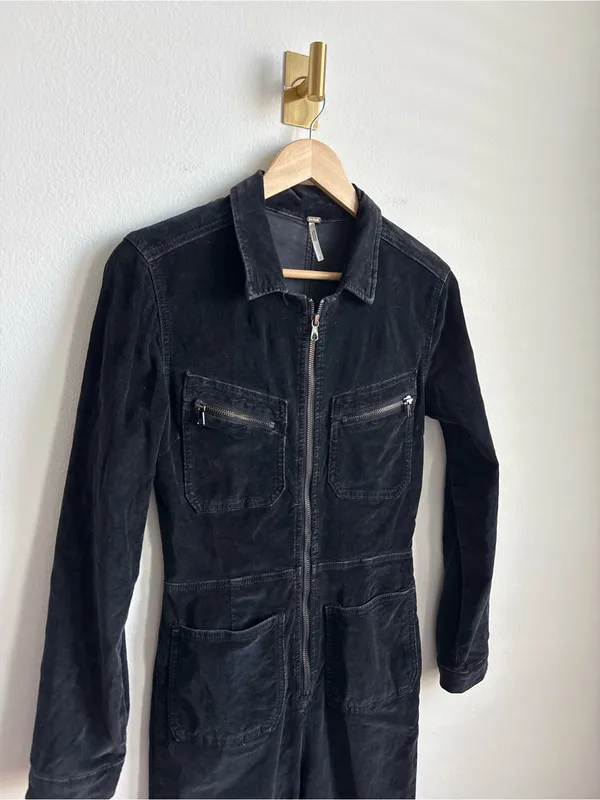 Free People Corduroy Jumpsuit Black Utility Zip Front Coveralls Small - Image 6