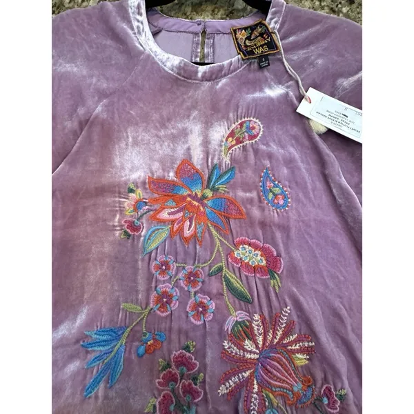 Johnny Was Velvet Flutter Sleeve Raglan Karime Embroidered‎ Dress Lavender - Image 14