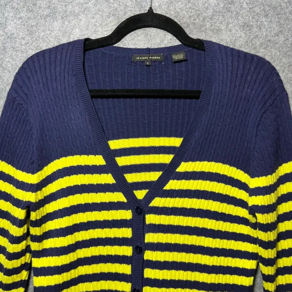 Jeanne‎ Pierre Womens Navy Blue Yellow Striped Ribbed Cotton Cardigan Sweater L - Image 6