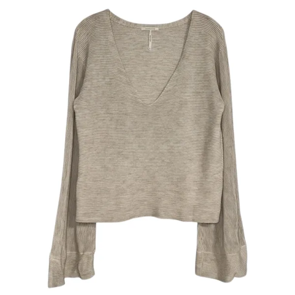 Free People Starman Cream Ribbed Bell Sleeve V‎ Neck Pullover Sweater L - Image 3