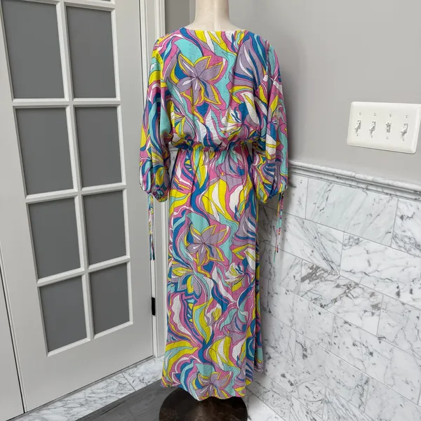 Esqualo Colorful Abstract Print V-Neck Tie-Sleeve Midi Dress Ocean Flower Size 6 - Image 3