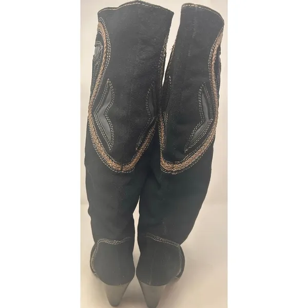 Mojo Moxy Black Suede Leather Mid Calf Tan Embroidered Decorative Panels Size 7W - Image 4