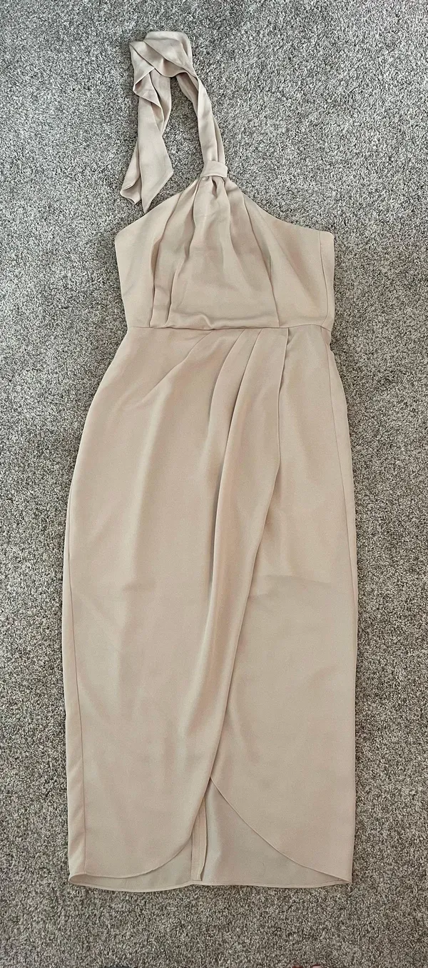 Addie Sleeveless Halter Neck Bow Tie Back Detail Tulip Hem A-Line Midi Dress - Image 4