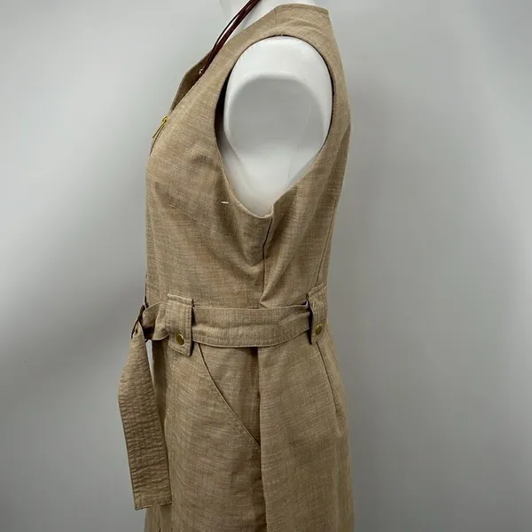 Sharagano khaki sleeveless full zipper sheath pocket dress - Image 3