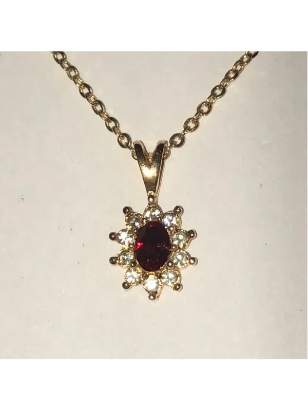 Gold Tone Vintage Red Rhinestone Dainty Pendant Necklace - Image 2
