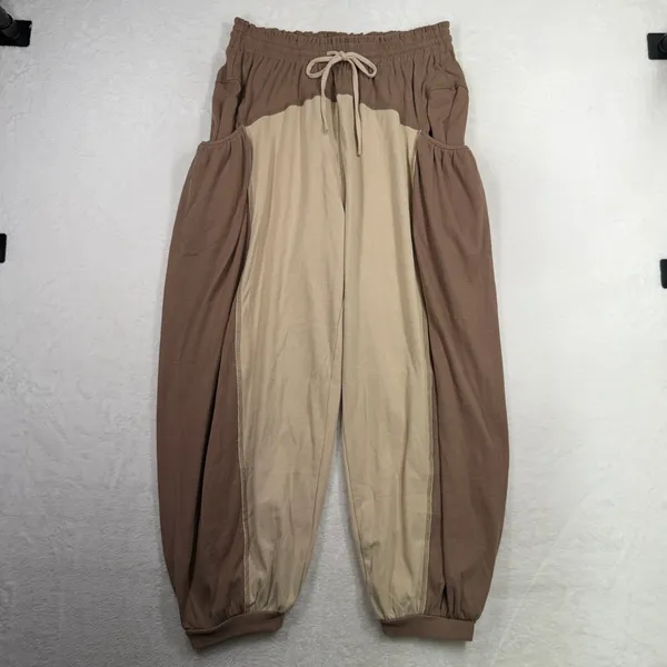 Boho Slouchy Sz L Harem Barrel Joggers Khaki Ribbed Colorblock Streetwear Fisoew - Image 2