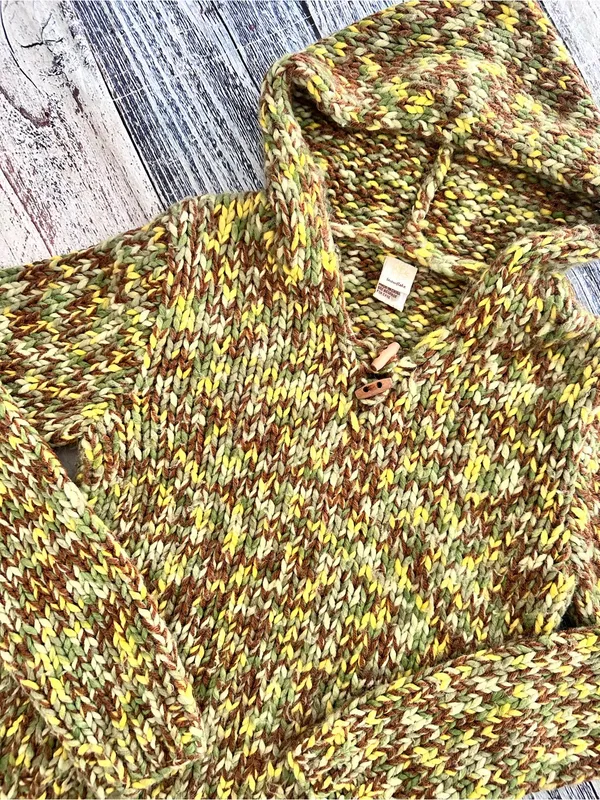 Vintage Y2K Chunky Knit Textured Hooded Sweater in Olive Mix Wool Blend - Image 4