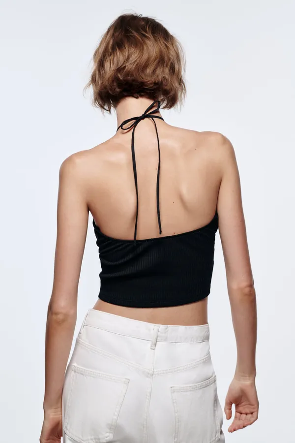 ZARA Black Ribbed Cut Out Crop Top With Beads - Image 7