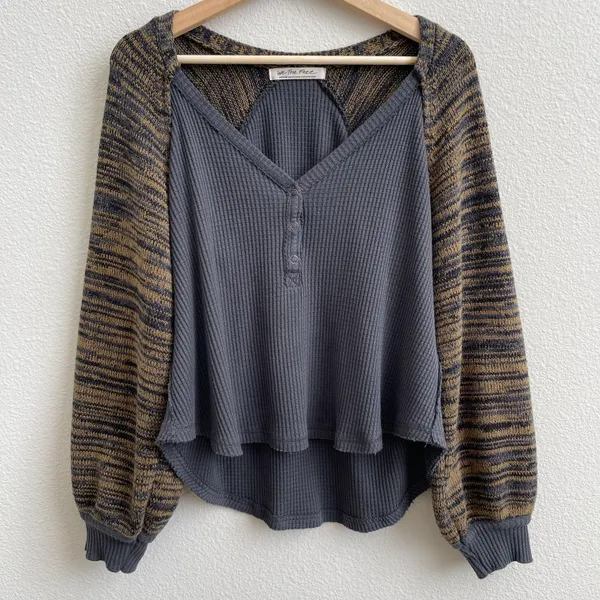 Free People Grey Yellow Stripe Sweet Confession Henley Waffle Knit Pullover - Image 4