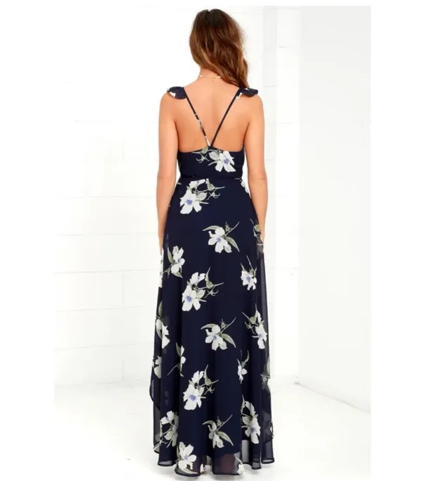 Lulus All Mine Navy Blue Floral Print High-Low Wrap Maxi Dress Large - Image 4