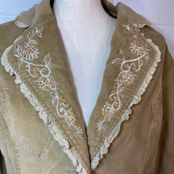 Misha Y2K Vintage Tan Corduroy Floral Embroidered Sequin Blazer Jacket - Image 3