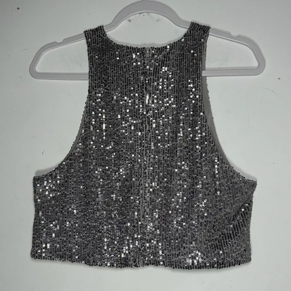 HM Silver Sequin Crop Top High Neck Sleeveless Back Zip Party Tank Large‎ - Image 2
