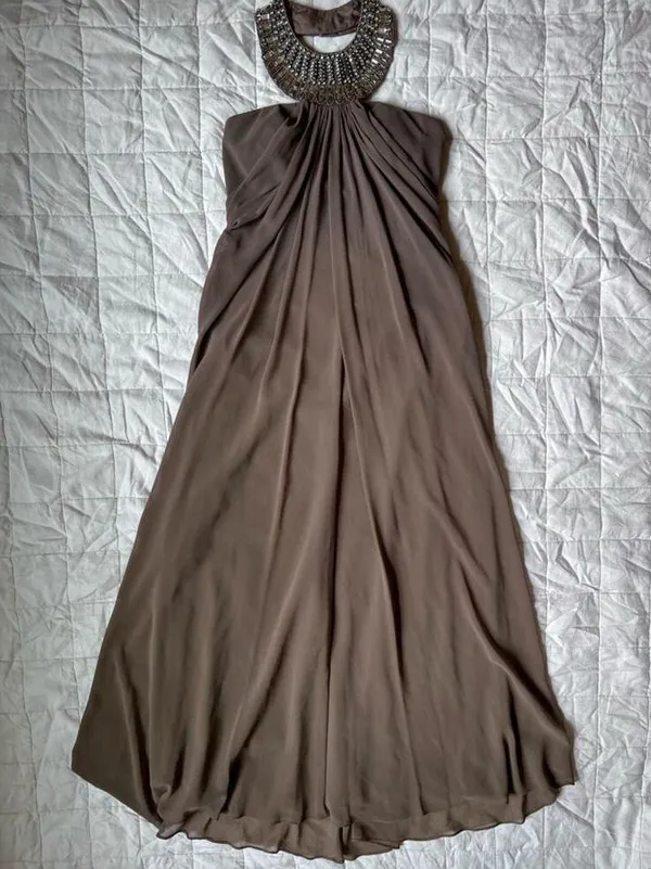 NWT LM Collection Brown / Taupe Beaded Halter Neck Empire Waist Formal Dress - 4 - Image 2