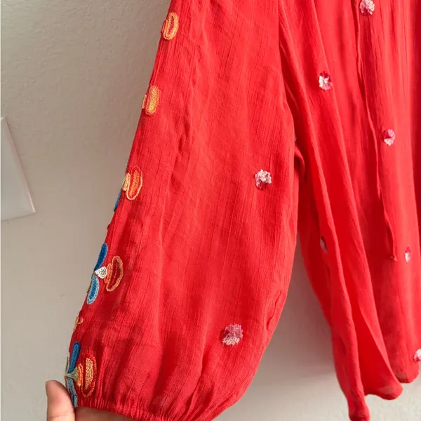 Fig & Flower Anthropologie Red Boho Embroidered Floral Peasant Blouse Womens 2X - Image 7