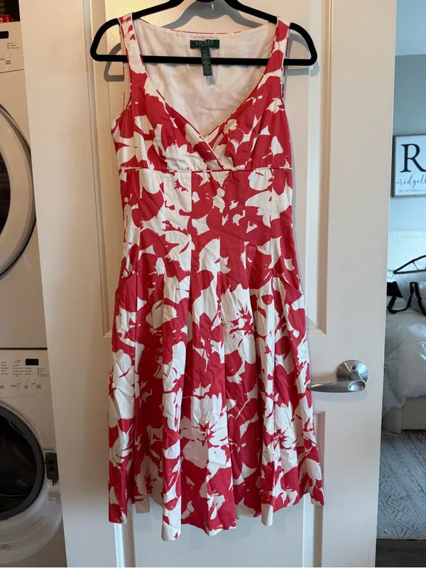 Ralph Lauren Red & White Floral V-Neck Midi Dress with Pockets - Image 2