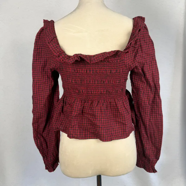 New American Eagle Long-Sleeve‎ Smocked Ruffle Plaid Top Red Gingham Women Small - Image 6
