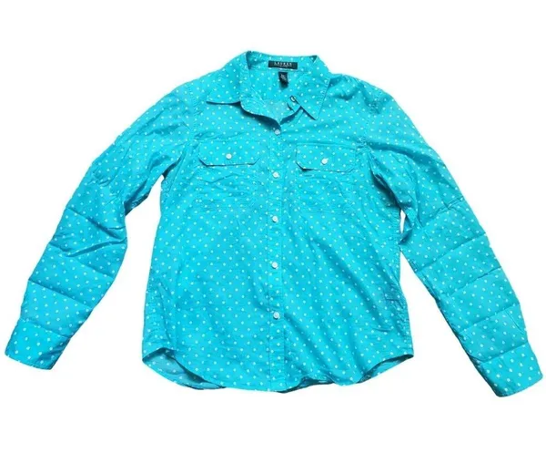 Ralph Lauren Blouse Women Medium Blue Polka Dot Top Button Up Pockets Roll Tab - Image 5