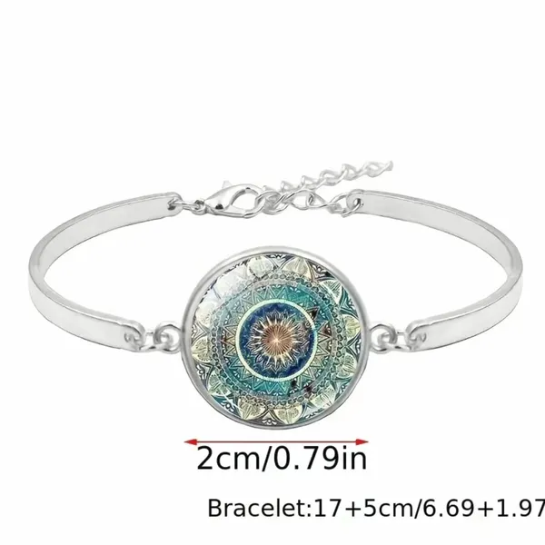 Mandala flower time gemstone necklace, bracelet‎ & earrings set, glass pendant - Image 5
