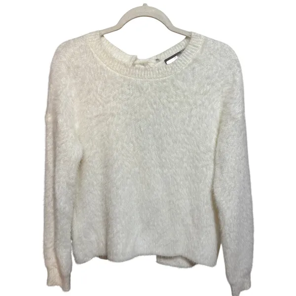 Addie Fuzzy Eyelash Knit Sweater Ivory Tie Back‎ Medium - Image 3