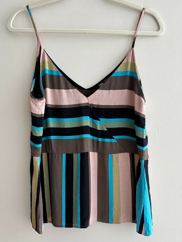 ZARA Women’s Multicolor Striped Asymmetrical Spaghetti Strap Tank Top, Size Med - Image 4