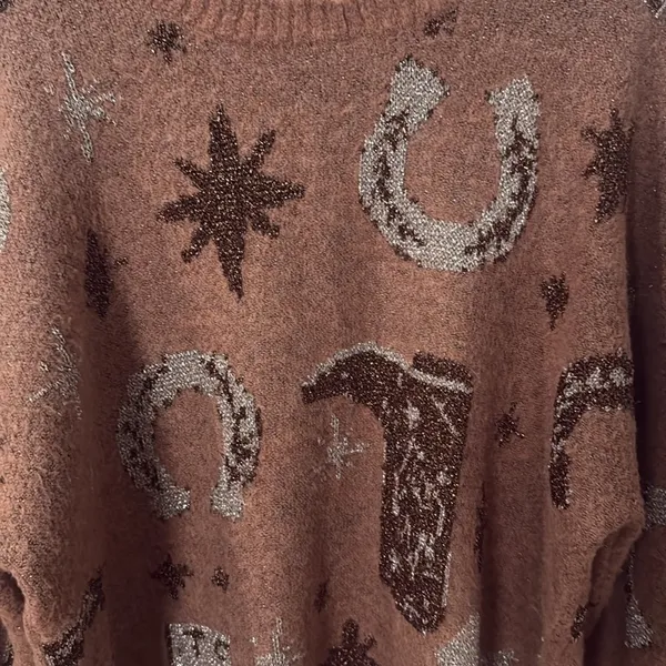 Entro Warm Brown Knit Sweater western glitter detail size large - Image 3