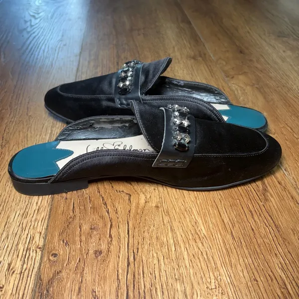 Libby Edelman Piper Black Satin Jeweled Mules Pointed Toe Flats‎ Size 9M - Image 9