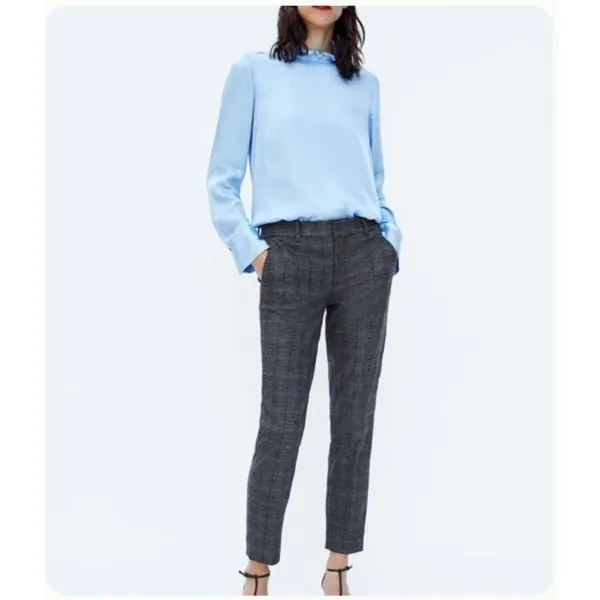 ZARA Gingham Straight Leg Ankle Crop Flat Front Mid Rise 6 Trouser Pants Brown - Image 10