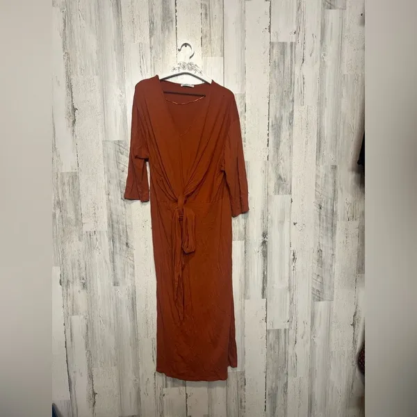 Zara Rust Orange Tie Front Maxi Dress Size M | V Neck 3/4 Sleeve Stretch - Image 5